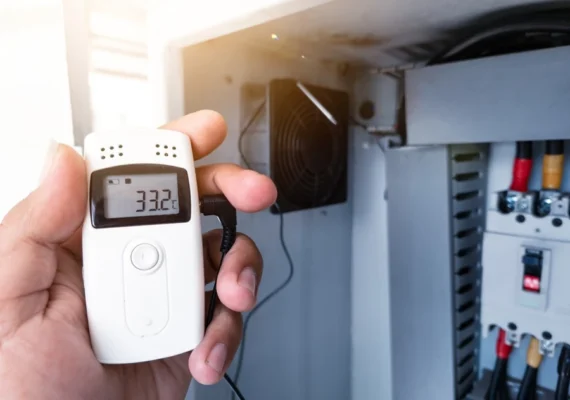 Close-up of a hand using a temperature data logger next to another machine.