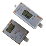 Two white temperature and humidity data loggers with a display screen for accurate monitoring and cold chain integrity.