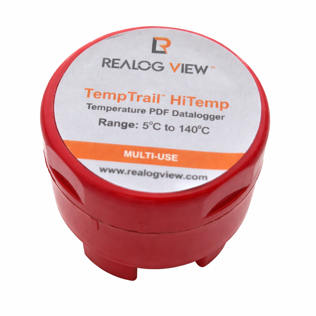 An image of ReaLog View's TempTrail HiTemp single-use high temperature data logger.