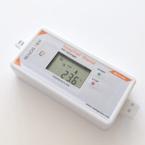 A picture of ReaLog View's white TempTrail Glacial Display data logger with USB capability for low temperature data monitoring.