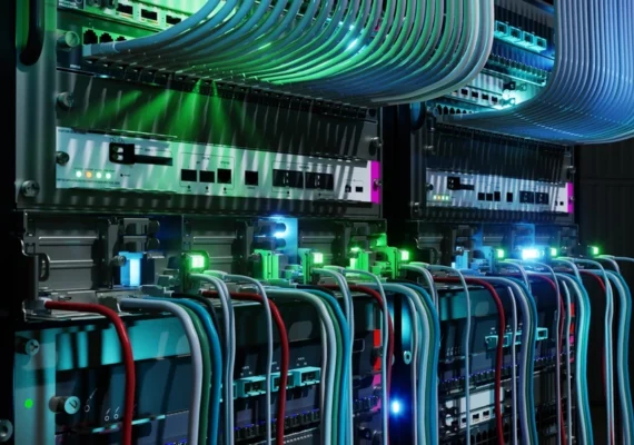 Part of a server rack in close-up, with network cables and glowing lights.