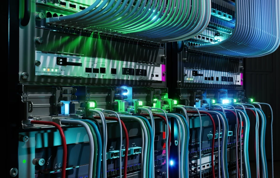 Part of a server rack in close-up, with network cables and glowing lights.
